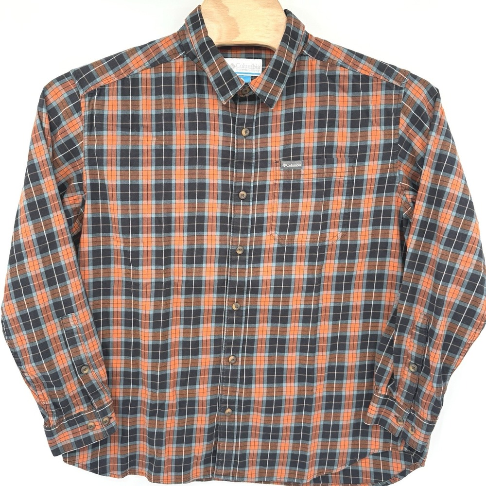 Columbia Button Up Shirt Mens XL Orange Plaid‎ AM8053 Long Sleeve Stretch Hiking